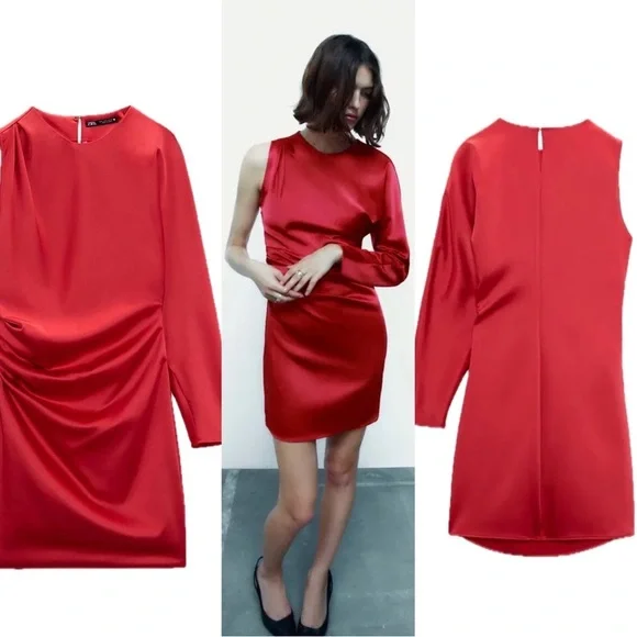 Zara red satin effect one sleeve asymetrical mini dress Sz L NWT - Picture 3 of 16
